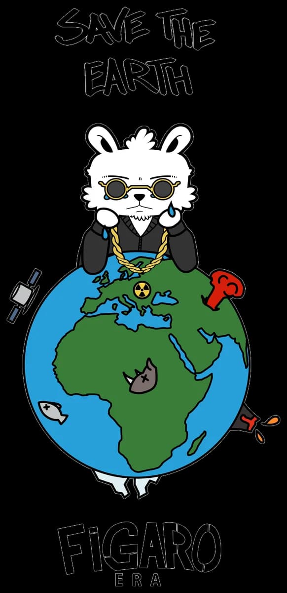 Figaro, the SUSU bear with gold glasses and a chain, sits on the globe, under the words Save the earth and above FIGARO ERA