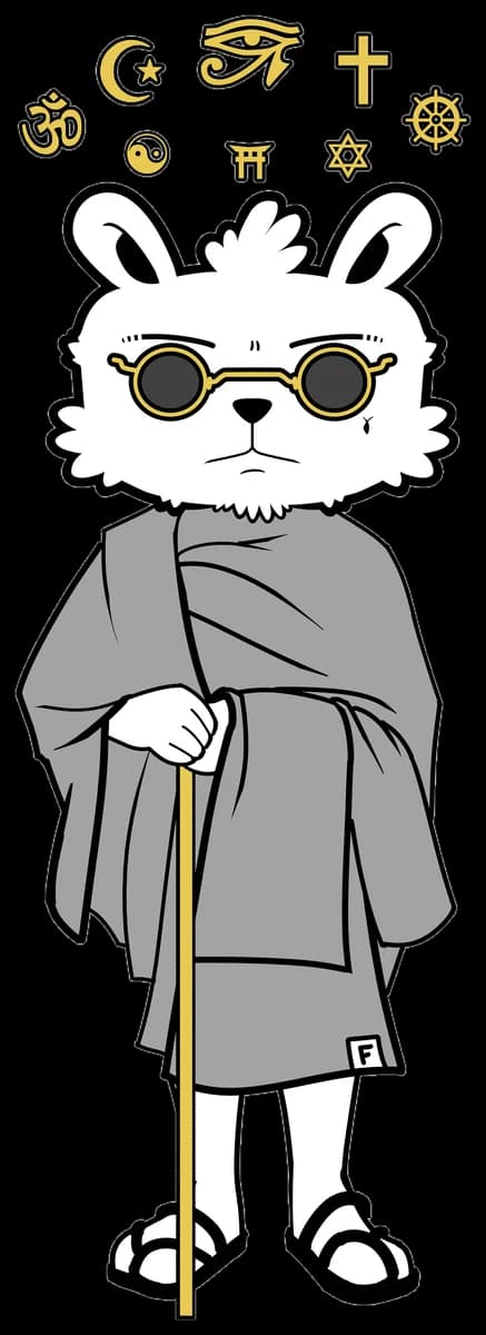Figaro in a grey cloak with a walking stick and gold glasses, with symbols of different religions above his head