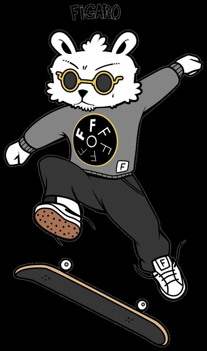 Figaro in a grey sweater and gold glasses jumps off his skateboard
